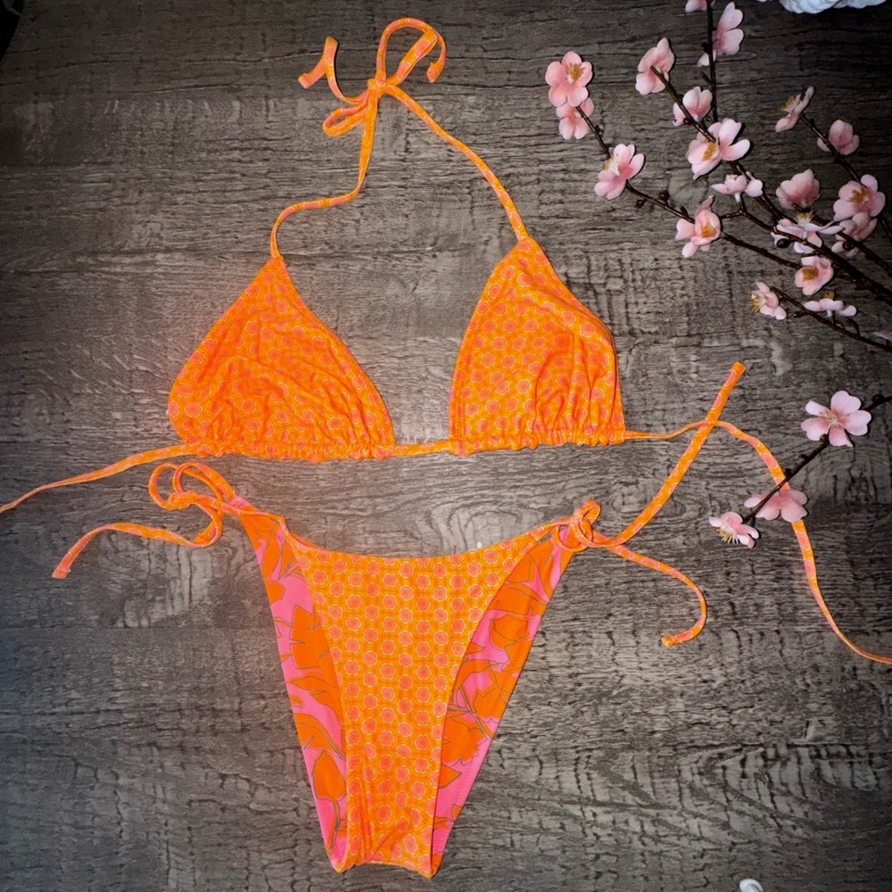Orange Floral Reversible Triangle Bikini Set Side Tie High Leg L Top M Bottom - Picture 2 of 5